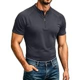 Men's Athletic Quarter Zip Muscle T-Shirts Stretch Performance Sports Golf Polo Shirt Short Sleeve Workout Top Dark Gray