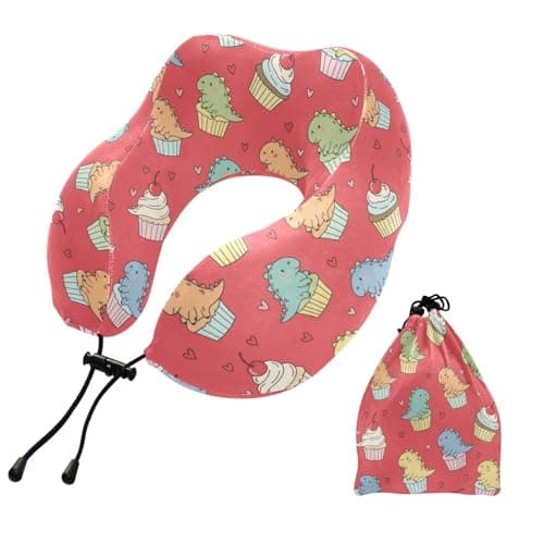 Dinosaur Cupcake Heart Red Pattern Travel Neck Pillow for Sleeping Airplane Memory Foam Neck Support Pillow with Storage Bag Sleeper Hold Pillow for Office Home Car Train Bus Long Flight Adults Kids