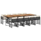 WRJENFSC 11 Piece Garden Dining Set, Large 108 Inch Acacia Wood Patio Table and 10 Foldable Poly Rattan Chairs with Cushions, Outdoor Furniture for Backyard Terrace and Balcony, Black and Cream