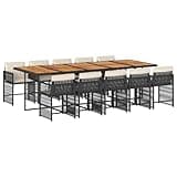 WRJENFSC 11 Piece Garden Dining Set, Large 108 Inch Acacia Wood Patio Table and 10 Foldable Poly Rattan Chairs with Cushions, Outdoor Furniture for Backyard Terrace and Balcony, Black and Cream