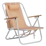 Foldable Backpack Beach Chair, 4-Position Adjustable Lounge Chair with Wooden Armrests, Side Pockets & Pillow, Rustproof Aluminum Frame for Patio Camping Lawn, Supports 265 LBS, Orange White Stripe