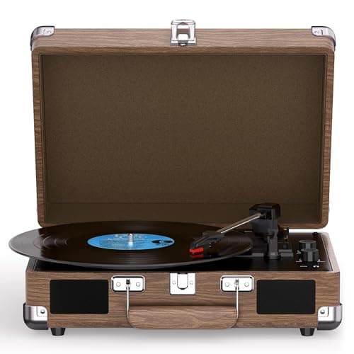 Vinyl Player Turntable, 3-Speed Bluetooth Portable Suitcase Record Player,with Built-in Stereo Speakers, Treble Bass Adjustment, AUX Line in/Output, Light Walnut Willow