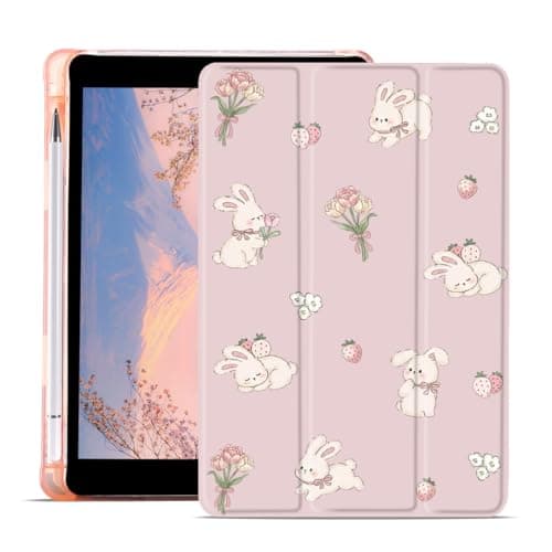 AdorableWhimsy Cute Animal Case for iPad mini 7 (A17 Pro) 2024 / iPad mini 6 2021 8.3 Inch Kawaii Bunny Floral Trifold Tablet Protective Case Leather Soft Back Cover with Pencil Holder