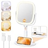 Gospire Lighted Makeup Mirror with Lights and Magnification 1X/10X, Tray Base and Height Adjustable for Desk, 4000mAh Rechargeable Battery, 3 Color Lights&Memory Function for Bedroom - White