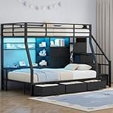 Bunk Bed Twin Over Twin with Desk, RGB LED Lights & Power Outlet, 10 Storage Drawers & Open Shelves, Storage Staircase & Hanging Area, Twin Bunk Bed for Teens, Black