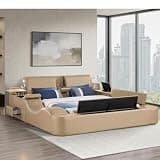 WAQINBR King Size Smart Bed, Multifunctional Leather Bed Frame with Massage Recliner/Upholstered Headboard/Music Speaker/USB Port/Storage Space, Modern Luxury Bed Frame (Caramel)