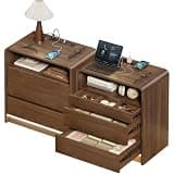 Modern Nightstand Set of 2 with Charging Station & LED Light, 3-Drawer Bedside Table with 6-Grid Organizer, Sturdy End Table with Thick Back Panel Walnut Wood Grain Finish Storage Cabinet for Bedroom