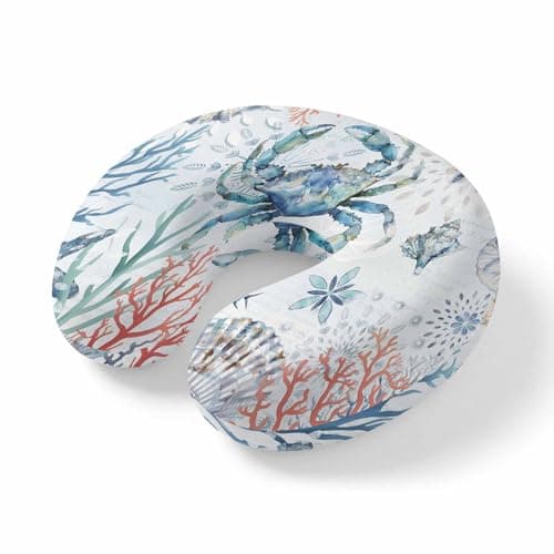 VXVKT FSEAE Summer Sea Crab Coral Travel Pillow,U Shaped Ergonomic Neck Pillows Marine Life on Blue Background Memory Foam Portable Neck and Head Support Cushion for Airplane Car Home Office Sleeping