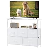 DUMOS TV Stand, Dresser with 5 Fabric Storage Drawers, Media Console Featuring Open Shelf for TV, Compact Entertainment Unit for Bedroom, Living Space, or Dorm Organization, White