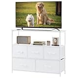 DUMOS TV Stand, Dresser with 5 Fabric Storage Drawers, Media Console Featuring Open Shelf for TV, Compact Entertainment Unit for Bedroom, Living Space, or Dorm Organization, White