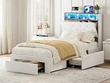 AOVSA Twin XL Bed Frames with Hidden Storage Headboard & Drawers, Upholstered Twin XL Platform Bed with LED Lights & Charging Station, No Box Spring Needed, Noise Free, Easy Assembly, White