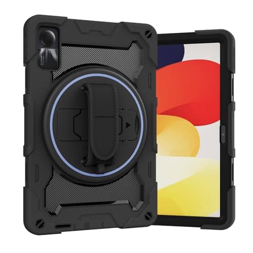 FortisShield Kids Case for Xiaomi Redmi Pad SE 11inch 2023,Multi-Angle Elastic Bracket+360° Adjustable Swivel Hand Strap Three-in-one Shatter-Resistant Shell, Drop-Proof,Shoulder Strap(Black)