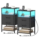 JARHETUN Nightstand Set of 2 with Charging Station, Night Stands with LED Lights, 26.4 Inch Tall Bedside Table with Metal Shelf, Side Table with 2 Fabirc Drawers for Bedroom, Black