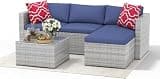 5-Piece Outdoor Sectional Sofa Set, Outdoor Patio Set Sectional Sofa, All-Weather PE Rattan Patio Furniture with Ottoman & Tempered Glass Table for Garden, Backyard, Porch, Poolside (Brown/Blue)