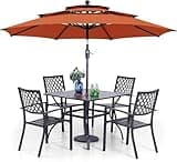 6 Piece Patio Dining Set with 4 Metal Outdoor Stackable Chairs 1 Square Metal Table and 3 Tier Umbrella Patio Furniture Set for Backyard Porch Balcony Poolside Deck Garden(Red)