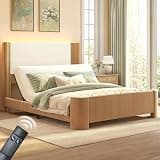 Torana Queen Adjustable Bed Frame, Faux Leather Wingback Beds with Natural Oak Wood Grain Printed Finish, LED Upholstered BedFrame with Quiet Powerful DC Motor, Head Incline, Zero Gravity