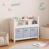 PRINKROOMY Multifunctional Bookcase Bookshelf with 3 Collapsible Fabric Drawers, Multi-Tier Bookcase Display Stand Storage Organizer for Bedroom, Playroom, Hallway (White & Blue)
