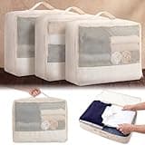 Shinymoon 3 Pcs 100% Cotton Mesh Packing Cubes with Handle Travel Luggage Storage Organizer Bags Breathable Beige Suitcases Bags Durable Zippers for Clothes Shoes Storage Weekend Plus Set