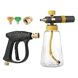 OMALLA Pressure Washer Gun and Foam Cannon Kit, Short Power Washer Spray Gun with 1L Foam Cannon, M22-14 Inlet, M22-14 to M22-15 Adapter, 15° & 25° Nozzles for Car Washing and Home Cleaning.