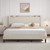 Yaheetech King Platform Bed Frame, Upholstered Wing Side Headboard with USB Charging Station and Storage Shelf, Wooden Slat Support, Noise Free, No Box Spring Needed, Easy Assembly, Beige