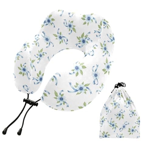 Flowers Ribbons White Pattern Travel Neck Pillow for Sleeping Airplane Memory Foam Neck Support Pillow with Storage Bag Sleeper Hold Pillow for Office Home Car Train Bus Long Flight Adults Kids