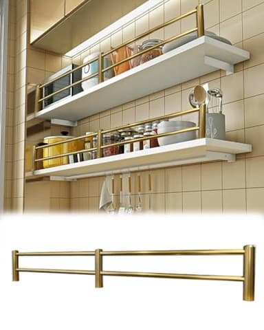 Elitix Kitchen Shelves Tipping Rail with Double Fence, Shelf Guardrail Bars 10 12 16 24 28 30 36 40 inch, Gold Gallery Rails for Bookcase(4 Pack,16in/40.6cm)