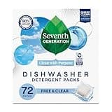 Seventh Generation Dishwasher Detergent Packs, Free & Clear, 72 Count, Pack of 1, Plant Powered Cleaning, Fights Greasy Reside & Stuck-On Food For Sparkling Dishes, Fragrance-Free & Septic Safe