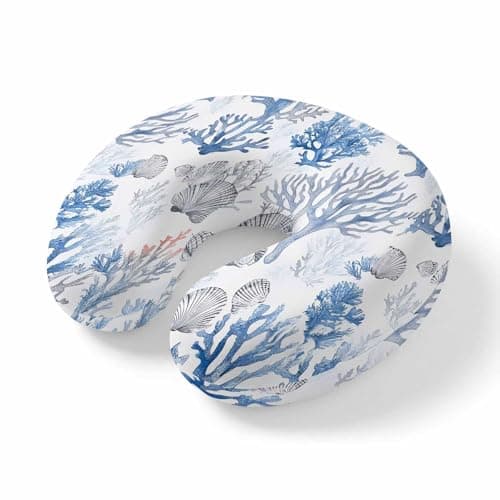 Watercolor Marine Ocean Coral Shell Travel Pillow,U Shaped Ergonomic Neck Pillows Underwater Life on White Memory Foam Portable Neck and Head Support Cushion for Airplane Car Home Office Sleeping