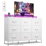 WLIVE White Dresser TV Stand for 45, 50, 55 inch TV, Entertainment Center with LED Lights & Charging Station, Chest of drawers with 9 Fabric Drawers and Open Shelves for Living Room, Hallway, Wood Top
