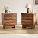 CHUWELL Mid Century Modern Nightstands Set of 2, 19.7" Wide Minimalist Walnut Bedside Tables with 2 Drawers, Handleless Wooden Storage End Table with Architectural Elevated Base for Bedroom
