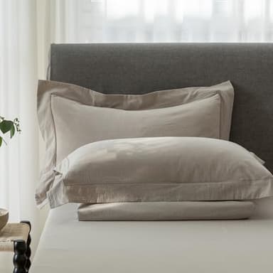 ELIMMO Queen Size Pillow Shams Set of 2 – 100% Cotton, Linen-Like Texture, Cooling, Embroidered Flange Edge, Envelope Closure, Naturally Soft & Comfortable – Beige Grey, 20"x30"