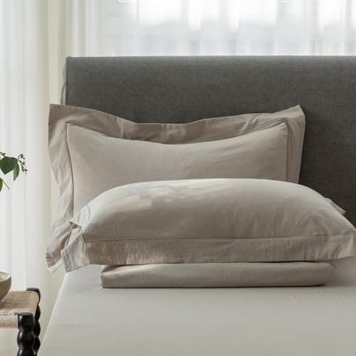 ELIMMO Queen Size Pillow Shams Set of 2 – 100% Cotton, Linen-Like Texture, Cooling, Embroidered Flange Edge, Envelope Closure, Naturally Soft & Comfortable – Beige Grey, 20"x30"