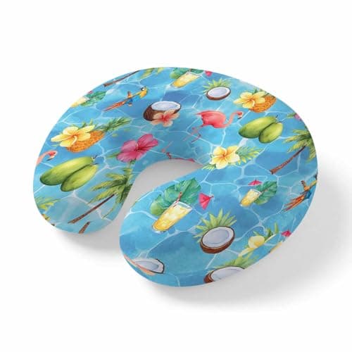 Travel Pillows U-Shaped Neck Pillow Tropical Flamingo Coconut Pineapple Ergonomic Memory Foam Pillow Head Cushion,Summer Fruit Flower Leaf Soft Portable Neck Pillows for Office Airplane Car Train