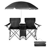 Velorinth Portable Outdoor 2-Seat Folding Chair with Removable Sun Umbrella, Double Camping Bench with Steel Frame & Oxford Fabric, for Beach Fishing Picnic, Black