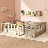 Bellemave Full Montessori Floor Bed with 21.5" High Rails, Rubber Wood Full Floor Bed with Slats and Door, Natural