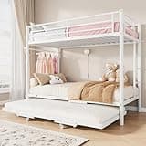 Jocoevol Triple Bunk Bed with Trundle, Twin Over Twin Bunk Bed for 3 Sleepers, Heavy-Duty Metal Frame with Full-Length Guardrail and Ladders, Family-Friendly Space-Saving Bed for Kids & Twin, White