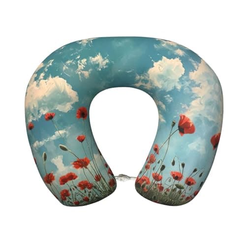 UUIKLPOL Poppies On Blue Sky Print Custom U-Shaped Pillow,Portable U Shaped Pillow for Home,Office,Camping,Travelling and Sleeping