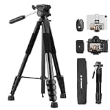 K&F CONCEPT Camera Tripod, 75" Lightweight Portable Travel Outdoor DSLR Tripods for Camera Phone Video Recording Tripod Stand, Cellphone Clip for Smartphone Live Streaming Vlog, Black