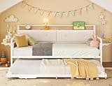 LIKIMIO Daybed with Trundle, Twin Bed Frame with Upholstered Storage Headboard & Charging Station, Day Bed Pop Up Trundle for Living Room,Bedroom and Guest Room, White