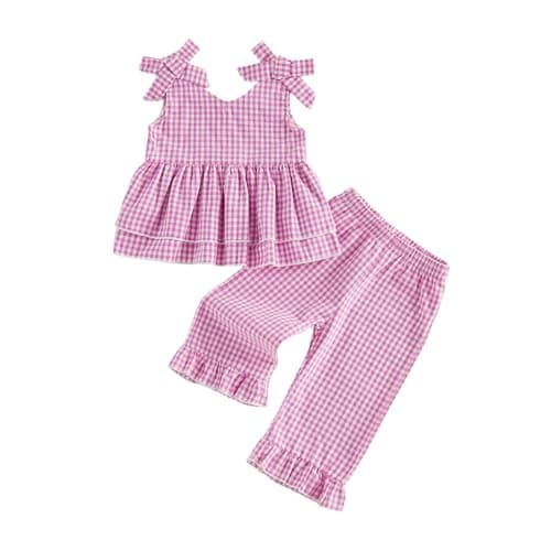 Pergag Baby Girls Summer Outfit Doll Collar Sleeveless Vest Tops Plaid Print Elastic Waist Pants Set Toddler Spring Clothes (Bow-Pink, 4-5T)