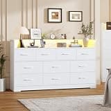 Garvee 10 Drawer Dresser for Bedroom - 65'' Wide Chest of Drawers with LED Light and Charging Station, Modern Large TV Stand Cabinet Organizer with Open Shelf for Living Room, Entryway, Hallway, White