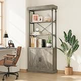 Jojoka Tall Rustic Wood & Metal Bookshelf with Lockable Cabinet, 4-Tier Freestanding Heavy-Duty Storage Display Rack for Living Room, Bedroom & Home Office,Grey
