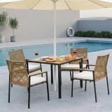Hassyee Acacia Wood Patio Dining Sets with All-Weather Wicker for Poolside, Backyard, Outdoor Furniture Set with Umbrella Hole and Removable Cushions for Lawn, Garden, Dining Room (Yellow)