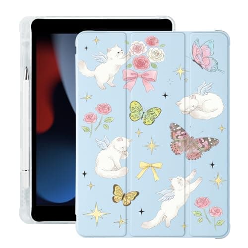 BlHMCASE Cute Kitten Cat Butterfly for iPad (A16) 11th Gen Case 11 Inch 2025, for iPad 10th Gen Case 10.9 Inch 2022 with Pencil Holder, Auto Sleep/Wake, Blue Leather Soft TPU Back Cover