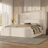 ADORNEVE King Size Cloud Bed Frame with 49.2” Tall Wingback Headboard, Upholstered Platform Bed with 5 Inch Foam Fully Cushioned, Rounded Corners Design, No Box Spring, 15-MinEasy Assembly, Cream