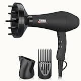 JINRI Professional Hair Dryer, 1875W, 3 Heat & 2 Speed, with Diffuser, with Concentrator, Ionic Technology & Infrared - Black, Detachable Air Intake, Non-Foldable, Hanging Strap, 125V, jr-104D