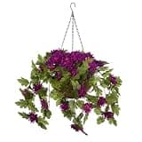 Fully Assembled Artificial Mum Hanging Basket, Outdoor Indoor Decor Purple