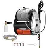 Giraffe Tools Grandfalls Retractable Wall Mounted Pressure Washer Pro, 3700 PSI, 1.6 GPM Electric Power Washer, Automatic Rewind, 100ft Pressure Hoses, 5 Nozzles for Cars/Fences/Patios, Light Silver