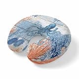 Neck Pillow for Travel,Blue Octopus Coral Starfish Memory Foam U Shaped Pillows,Portable Headrest Nautical Ocean Wood Board Neck Head Support Cushion for Home Office Car Airplane Sleeping