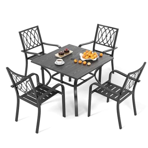 HOYOC 5 Piece Patio Metal Dining Set, Powder-Coating Steel Chairs with Umbrella Hole,Ergonomic Slat Design, Outdoor Dining Furniture Set for Backyard, Garden